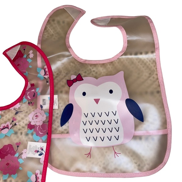 HB Set Of 3 Bibs Wipeable Plastic Owl Theme 9”x8” Pink - Picture 4 of 4